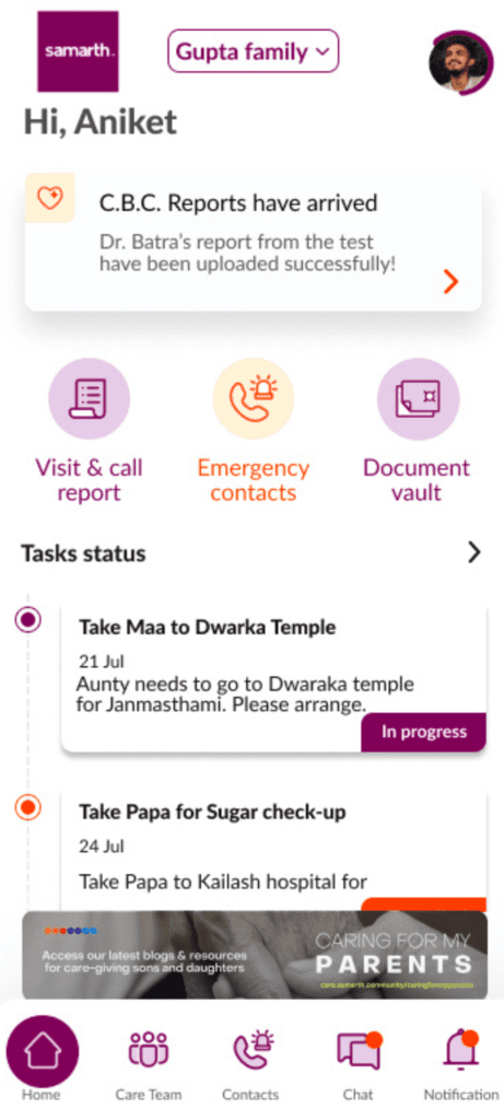 Dashboard of the senior care app - samarth elder care