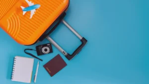 Luggage bag, camera, and notebooks