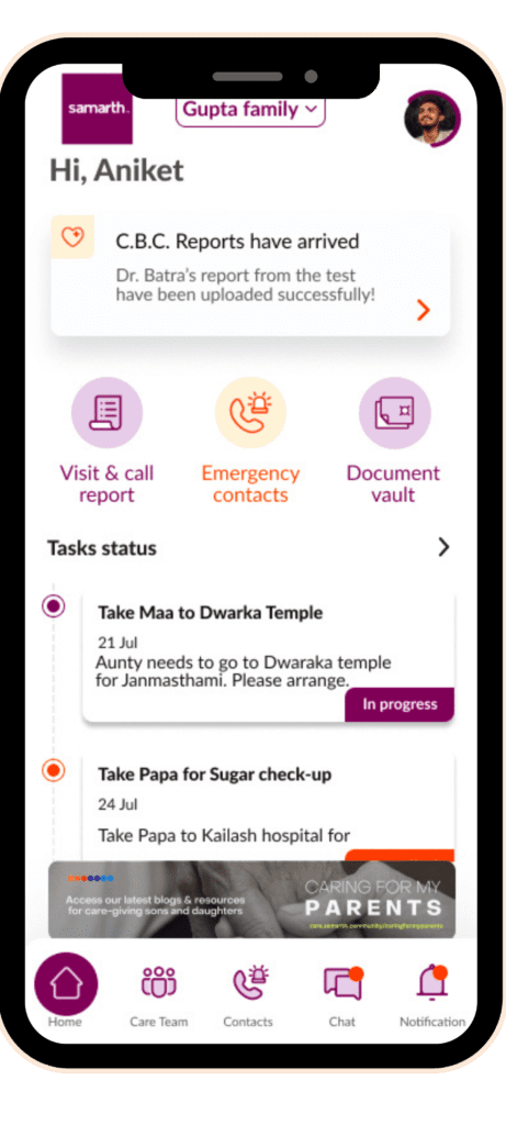 Dashboard of the senior care app