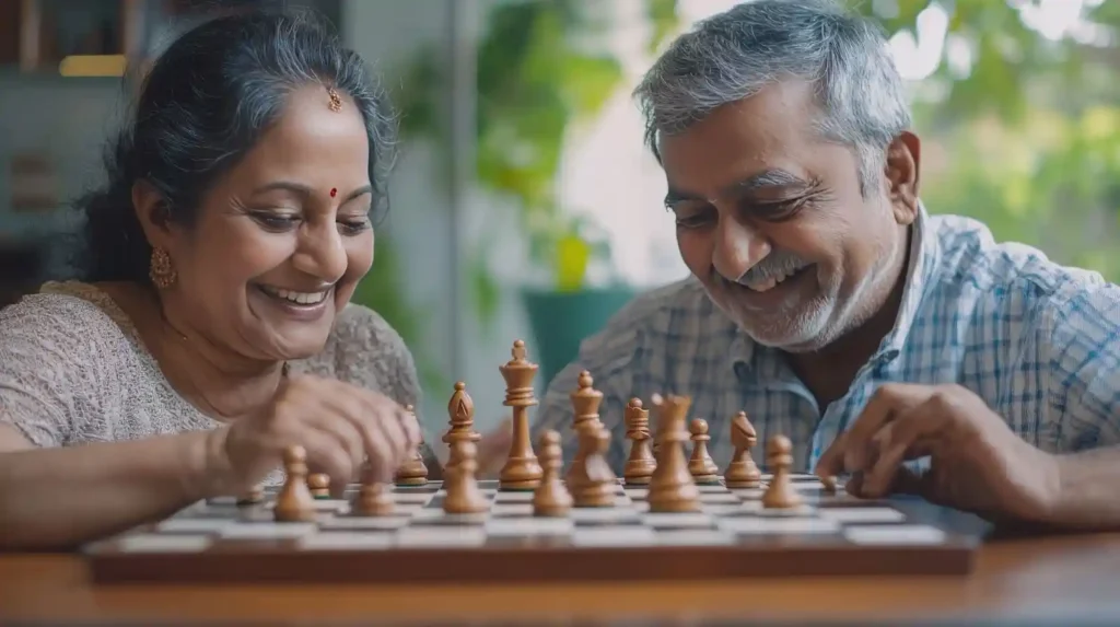 A senior woman painting alongside others in a group activity session, illustrating Samarth Eldercare's recommended activities to stimulate cognitive function in seniors