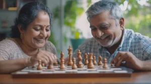 A senior woman painting alongside others in a group activity session, illustrating Samarth Eldercare's recommended activities to stimulate cognitive function in seniors