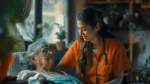 A professional caregiver in a white uniform assisting an elderly woman at home in India, reflecting Samarth Eldercare's approach to round-the-clock in-home care
