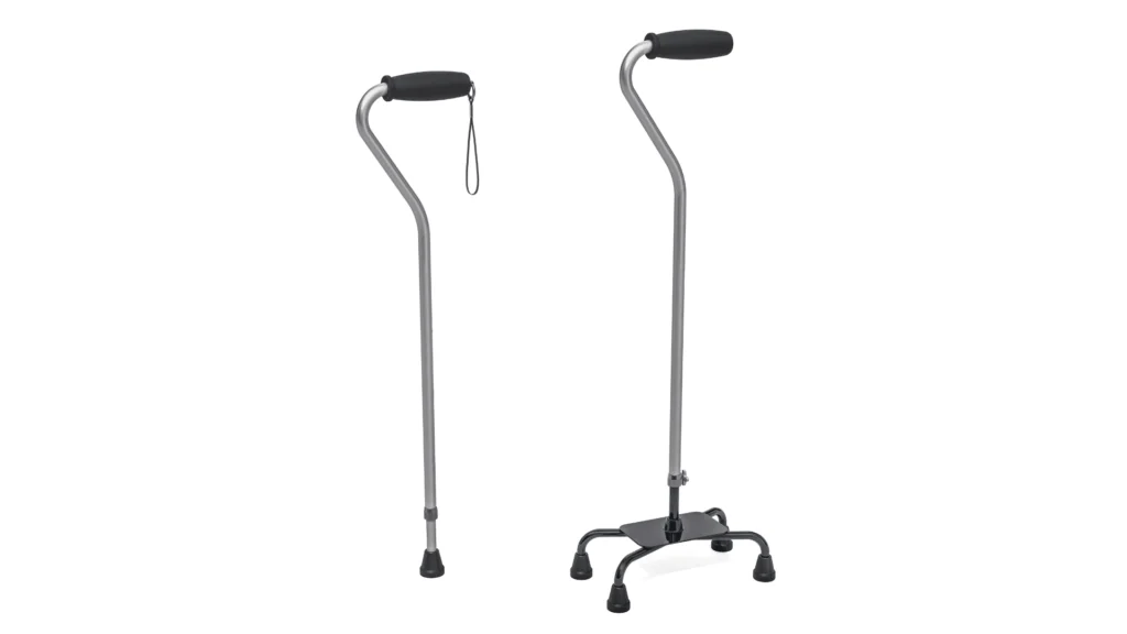 A senior woman using a walker with a grab rail and alert wristband nearby, depicting Samarth Eldercare's recommended assistive devices for fall prevention