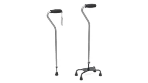 A senior woman using a walker with a grab rail and alert wristband nearby, depicting Samarth Eldercare's recommended assistive devices for fall prevention