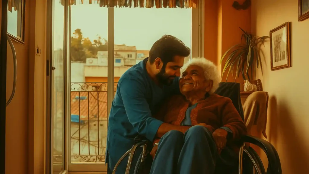 A professional home nurse checking the blood pressure of an elderly patient, representing Samarth Eldercare's 24-hour nursing care at home service