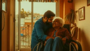 A professional home nurse checking the blood pressure of an elderly patient, representing Samarth Eldercare's 24-hour nursing care at home service