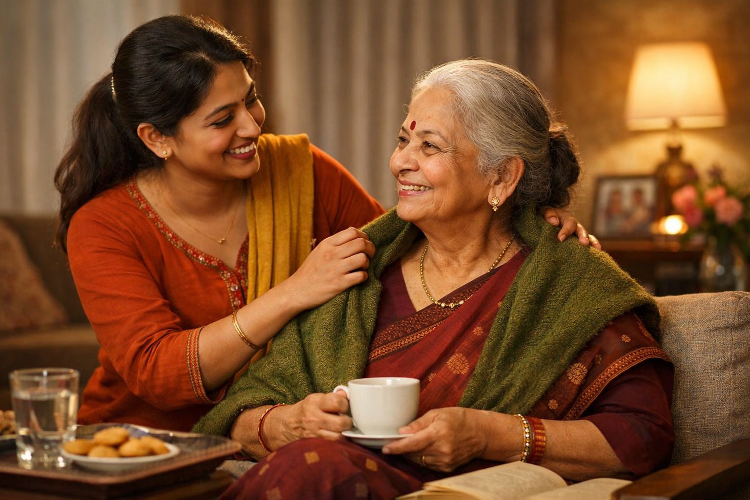 Care manager helping elderly parent