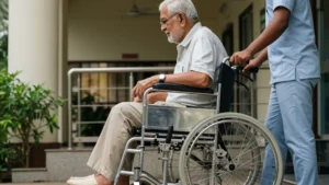 Elderly parent recovering from stroke at home in India with caregiver support
