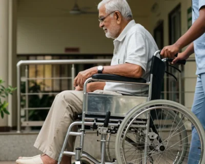 Elderly parent recovering from stroke at home in India with caregiver support