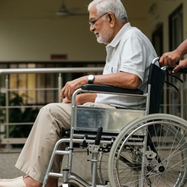Elderly parent recovering from stroke at home in India with caregiver support