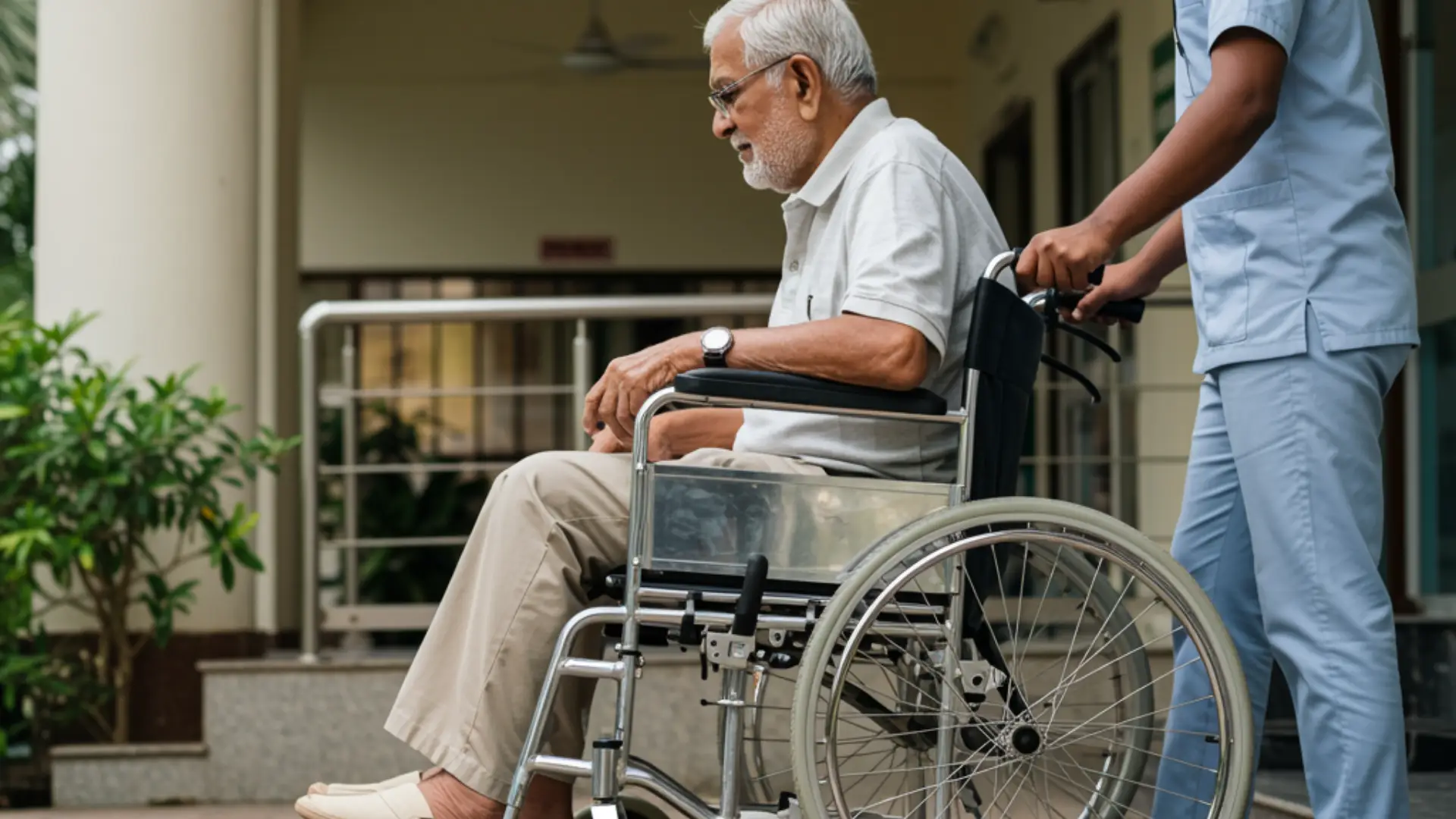 Elderly parent recovering from stroke at home in India with caregiver support