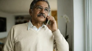 elderly parents on a video call with NRII children, looking concerned and emotional