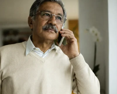 elderly parents on a video call with NRII children, looking concerned and emotional