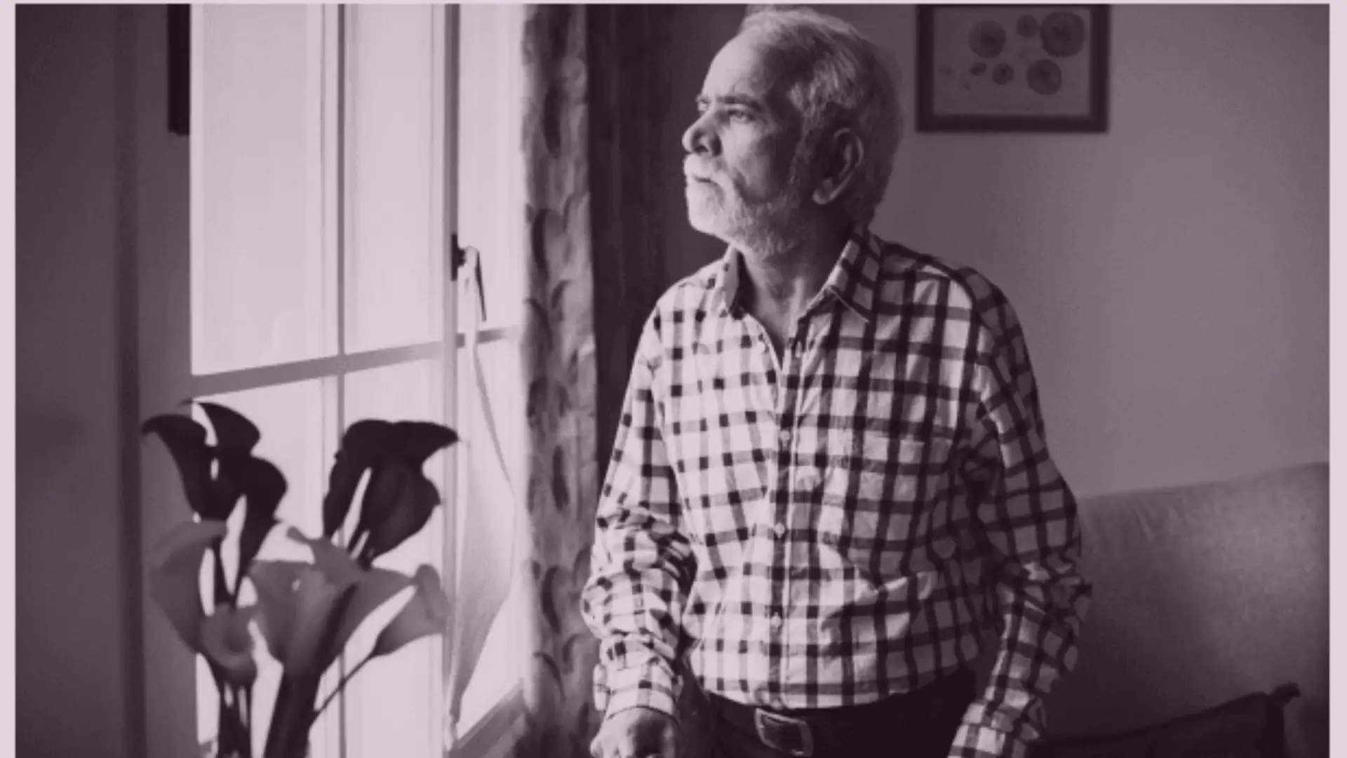 An elderly person sitting alone at home by a window, looking out quietly