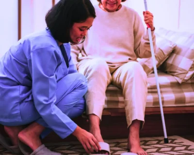 Trained caregiver providing physical assistance for elderly at home in India