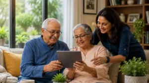 Family setting up a digital emergency support system for an ageing parent in India.