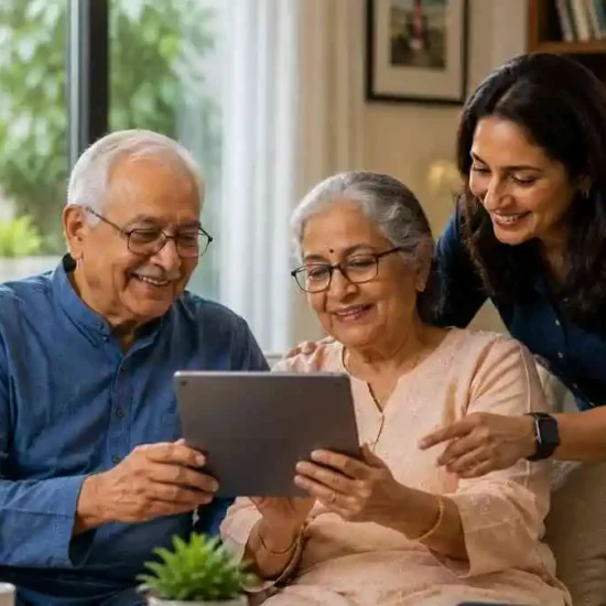 Family setting up a digital emergency support system for an ageing parent in India.