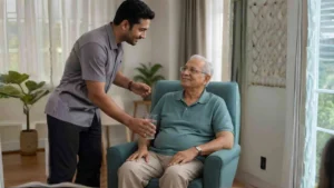 Home nursing cost in Mumbai 2026: caregiver assisting an elderly man at home.