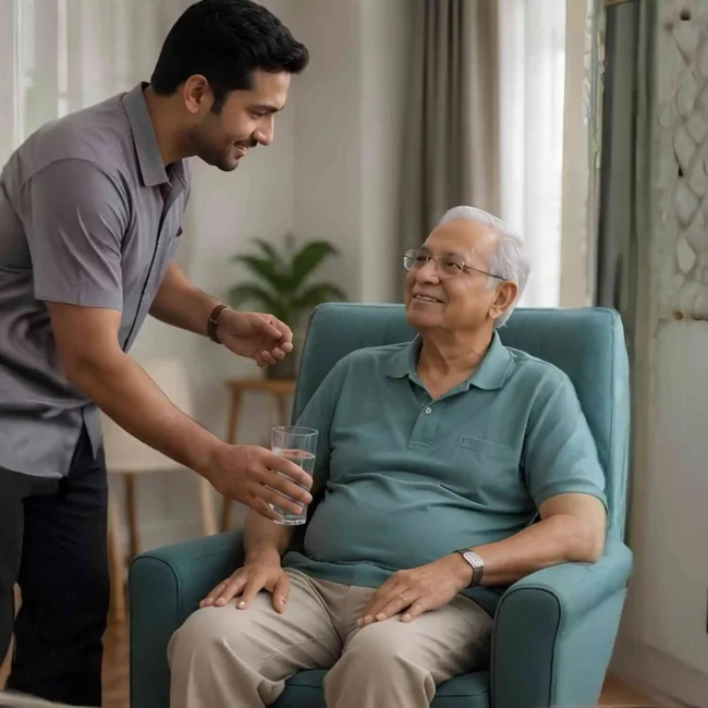 Home nursing cost in Mumbai 2026: caregiver assisting an elderly man at home.