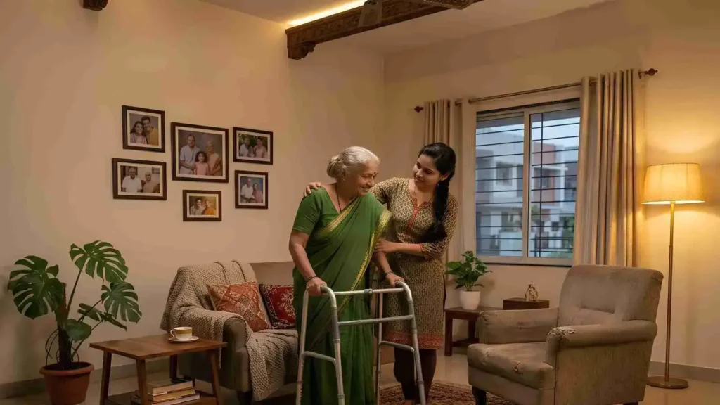 Home nursing cost in Chennai 2026: caregiver helping an elderly woman walk with a walker at home.