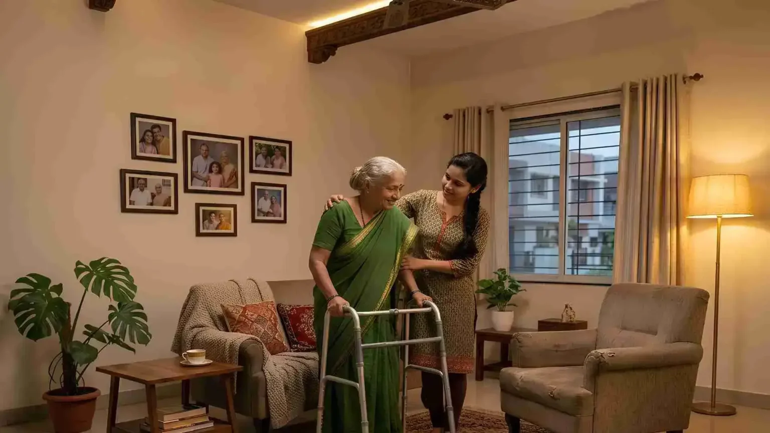 Home nursing cost in Chennai 2026: caregiver helping an elderly woman walk with a walker at home.