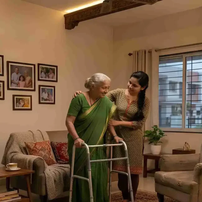 Home nursing cost in Chennai 2026: caregiver helping an elderly woman walk with a walker at home.