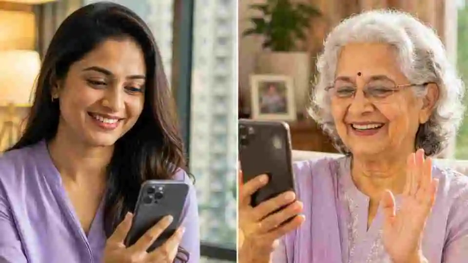 Elderly Indian parent looking worried at a WhatsApp scam message on a smartphone
